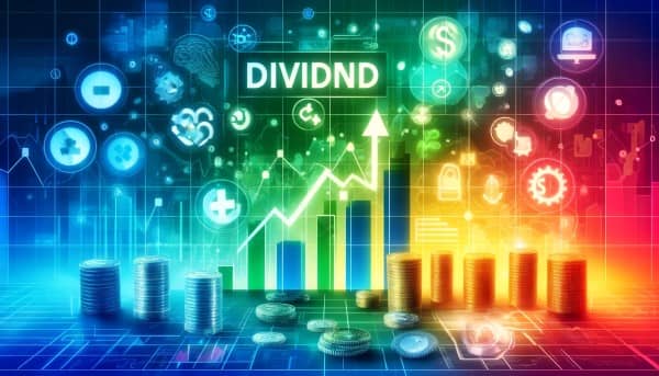 A graphic representation of a diversified dividend portfolio with stock market graphs, sector icons, and financial symbols like dollar signs and coins on a blue and green gradient background.