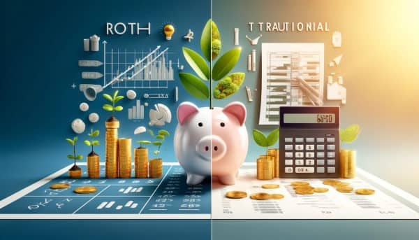 Split-design image contrasting Roth IRA and Traditional IRA. The Roth side features a piggy bank filled with gold coins and growing plants, symbolizing tax-free growth. The Traditional side shows a ledger and a growth graph, representing tax-deferred growth.