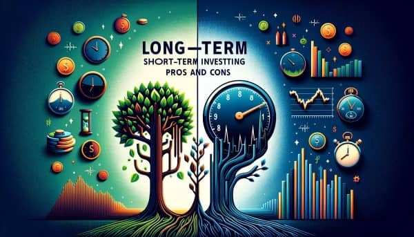 Split-screen image illustrating long-term investing with a growing tree and stable stock market graph on one side, and short-term investing with a stopwatch and fluctuating stock market graph on the other side. The title "Long-term vs Short-term Investing: Pros and Cons" is displayed at the top.