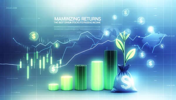 Graphical representation of rising stock charts, dollar signs, and a plant growing out of a stack of coins symbolizing growth and income. The title "Maximizing Returns: The Best Dividend Stocks for Passive Income" is prominently displayed.
