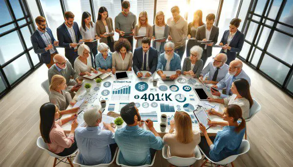 Diverse group of people, ranging from young adults to seniors, engaged in a financial planning session around a large table in a modern office, reviewing 401(k) strategies.