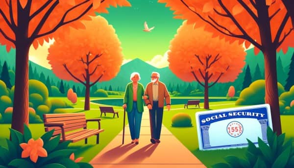 Elderly couple walking together in a park during autumn, symbolizing peace and security in retirement, with subtle elements like a calculator and a Social Security card hinting at financial planning.