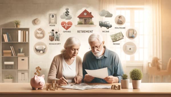 Elderly couple reviewing financial documents in a home office, surrounded by icons representing housing, healthcare, and transportation expenses, as well as Social Security cards and a piggy bank, symbolizing income sources.