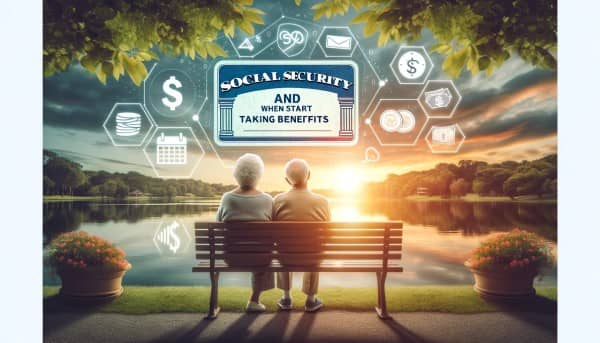 Elderly couple sitting on a bench overlooking a peaceful lake at sunset, with financial icons and the title "Social Security and Retirement: When to Start Taking Benefits.