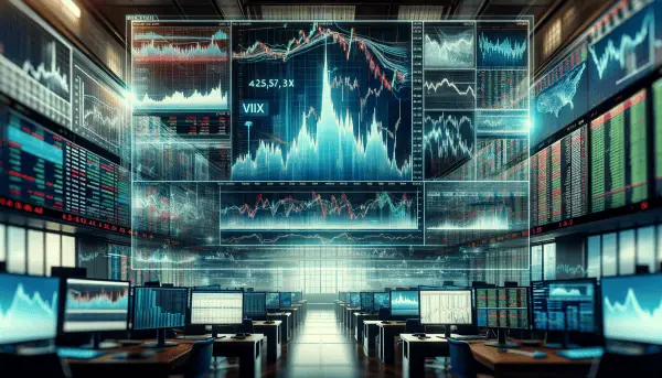 A bustling financial trading floor with traders at their desks, multiple screens displaying fluctuating stock market graphs and charts, and a digital screen showing the VIX index and other financial data.