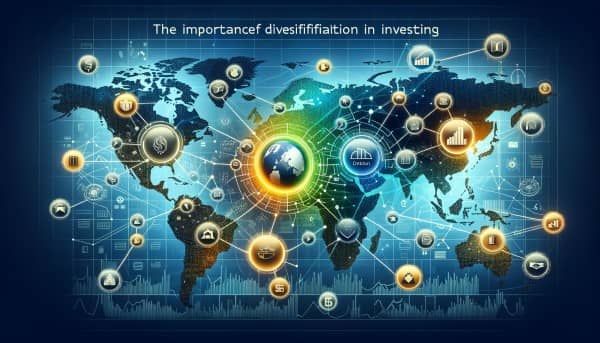 Illustration showing diversification in investing with a world map background and icons representing different asset classes connected to a central point.