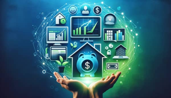 An illustrative image representing various passive income ideas including dividend investing, rental properties, high-yield savings accounts, digital products, and YouTube, set against a gradient blue and green background.