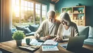 A couple reviewing their retirement plan at a table with a laptop, financial documents, and a calculator in a cozy home setting with a garden view.