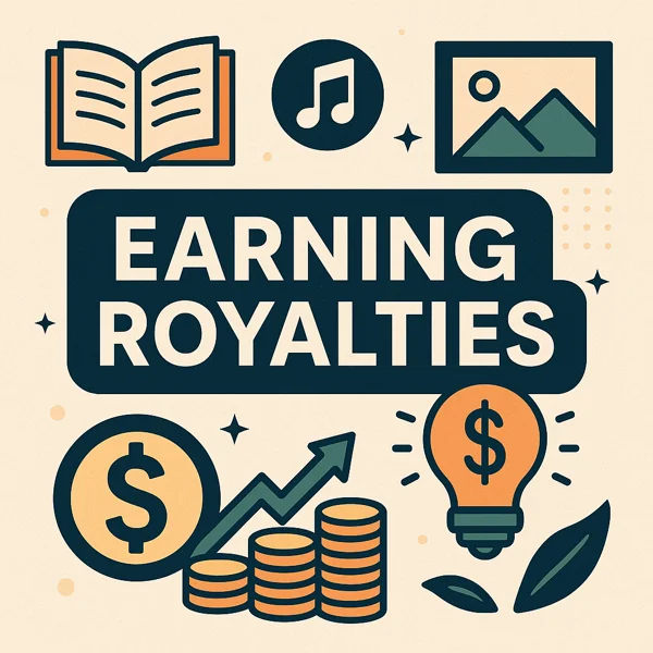 Flat-style illustration showing icons of a book, music note, framed artwork, light bulb, and stacks of coins surrounding the phrase “Earning Royalties,” symbolizing passive income from creative work such as writing, music, art, patents, and online courses.