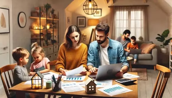 Parents discussing finances at the dining table with a laptop and papers, while children play nearby in a cozy home setting.