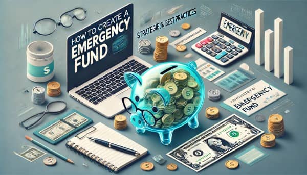 Featured image for the blog post 'How to Create a Bulletproof Emergency Fund: Strategies and Best Practices', showing a financial planning workspace with a laptop, notebook, pen, and calculator, and a transparent piggy bank filled with coins and dollar bills.