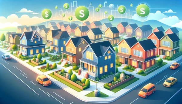 Feature image depicting a vibrant residential neighborhood with single-family homes and multi-family units, including icons representing passive income such as dollar signs and money bags.