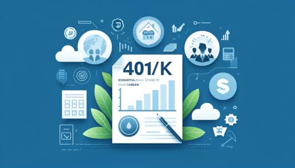 Featured image for the blog post titled 'Maximizing Your 401(k): Essential Tips for Every Stage of Your Career,' featuring a 401(k) plan document, a bar chart showing growth, and icons representing different career stages.
