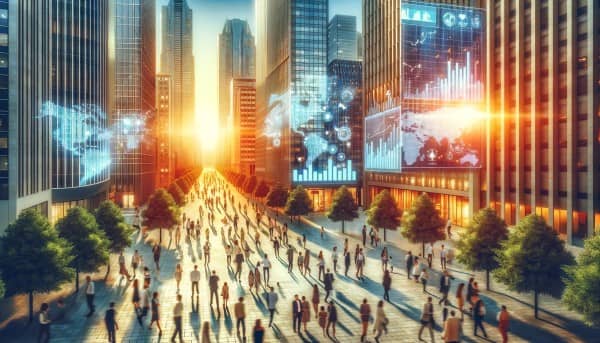 A bustling financial district at sunset with skyscrapers, diverse people walking, and digital screens displaying financial data.