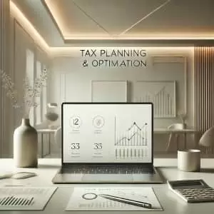 A minimalist image featuring an abstract financial growth symbol on a clean background, with the text 'TAX PLANNING & OPTIMIZATION' and the subtitle 'Your Guide to Mastering Tax Strategies.'