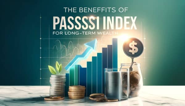 Graph showing rising investment returns, stack of coins, and text "The Benefits of Passive Index Funds for Long-Term Wealth" on a blue and green background.