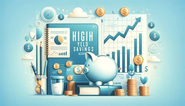 Featured image for the blog post "The Ultimate Guide to High-Yield Savings Accounts" showing a piggy bank, coins, a rising graph, and a notebook with "High-Yield Savings" written on it.