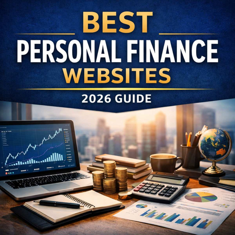 Best personal finance websites 2026 guide with laptop, charts, calculator, and financial planning tools on a desk