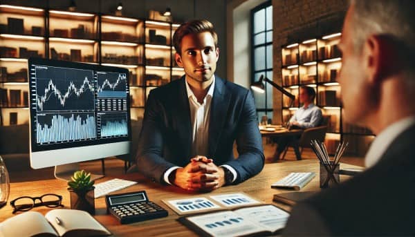 A professional financial advisor sitting at a desk with financial charts and documents, advising a client in a modern office setting.