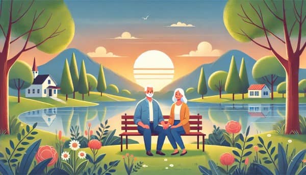 A happy couple in their 60s sitting on a bench by a tranquil lake during sunset, holding hands and smiling, surrounded by nature with trees and flowers in bloom, with mountains in the background.