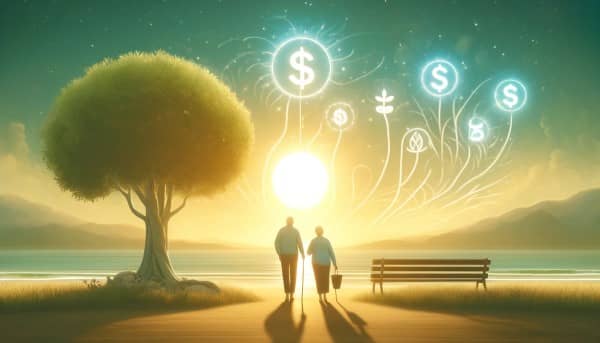 A serene sunlit landscape with a retired couple enjoying a peaceful moment on the beach, symbolizing the financial security provided by annuities in retirement