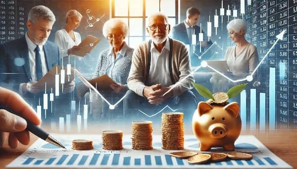 Elderly individuals reviewing financial documents with stock market graphs and coins symbolizing stability and growth in retirement.