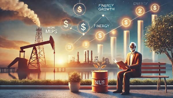 A serene retirement scene featuring a retiree holding financial documents with energy pipelines and infrastructure in the background, symbolizing income generation through Master Limited Partnerships (MLPs).