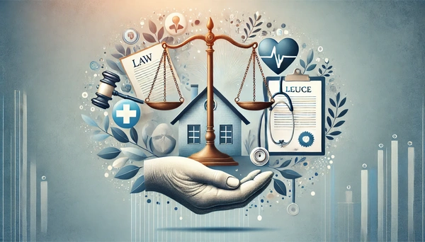 An elegant featured image depicting symbols of law, such as scales of justice and legal documents, alongside elements representing senior care, including a caring hand, a home, and a stethoscope. The design uses soothing blue and green tones on a gradient background, conveying trust and security.