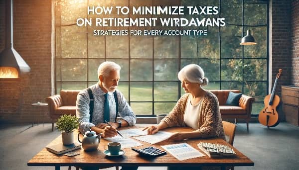 Senior couple reviewing financial documents at a wooden table in a peaceful setting, representing tax-efficient retirement planning.