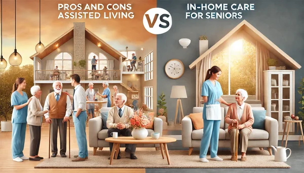 A side-by-side depiction of assisted living and in-home care settings: on the left, seniors are engaged in activities within a communal assisted living facility; on the right, a caregiver assists a senior in the comfort of a home environment.