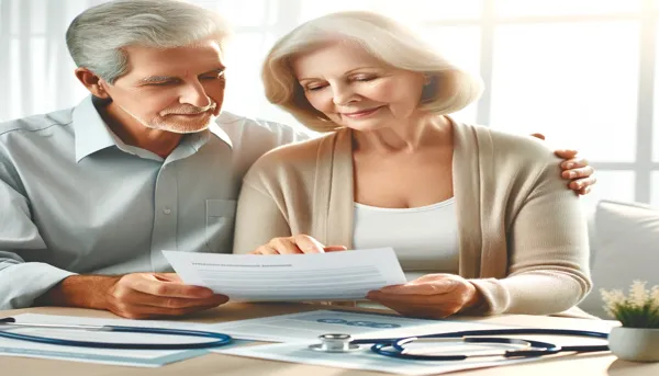 Senior couple reviewing medical and financial documents in a modern setting, representing retirement healthcare planning.