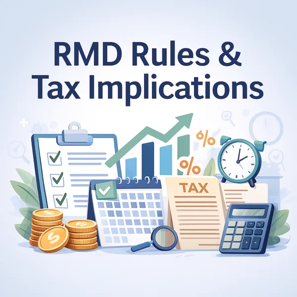 Illustration showing charts, calendar, checklist, and tax documents symbolizing RMD rules and tax implications for retirees.