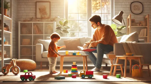 A gender-neutral stay-at-home parent playing with a young child in a bright and cozy living room, surrounded by toys and natural light.