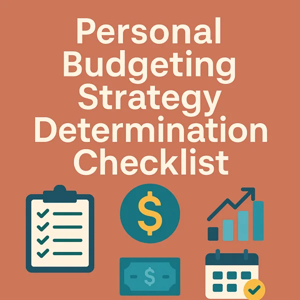 Graphic showing budgeting icons and title "Personal Budgeting Strategy Determination Checklist" on a terracotta background
