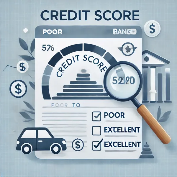 Stylized credit score chart highlighting a good score with financial symbols like a dollar sign, loan document, and rising graph.