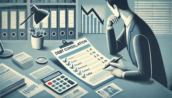 An illustration of a person reviewing a checklist with financial documents and a calculator on a desk, symbolizing debt consolidation and financial planning.