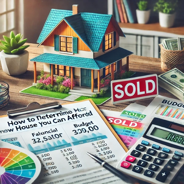 A cozy suburban house with a sold sign in front, accompanied by a financial calculator and a budget spreadsheet on a table, symbolizing home affordability planning.