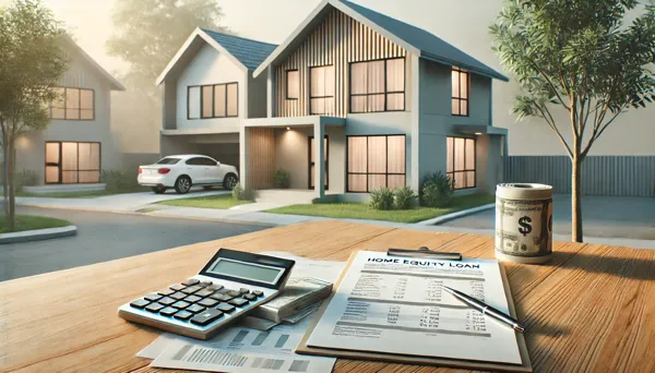 A professional image of a modern home exterior with paperwork and a calculator, symbolizing financial planning and debt consolidation.