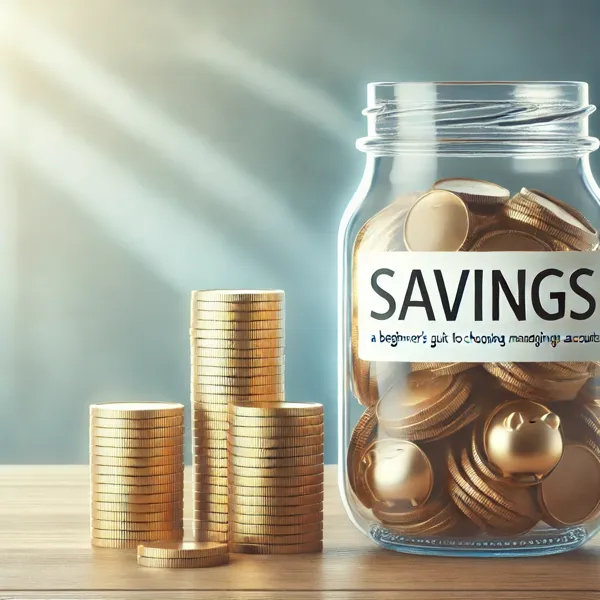 A clear glass jar labeled 'Savings' surrounded by neatly stacked gold coins, placed on a wooden table with a bright blue and white gradient background.