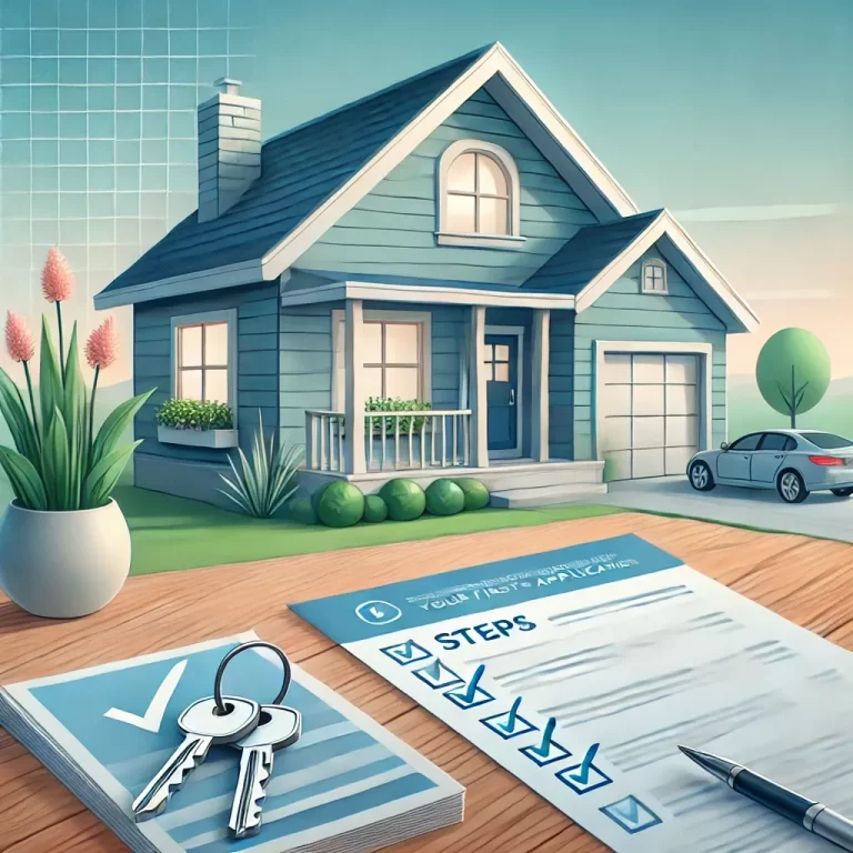 A modern house with a welcoming front yard, a financial document with checkmarks, and a set of keys on a wooden table.