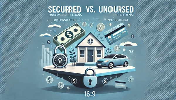 A split-screen visual representation comparing secured and unsecured loans. The secured loan side features a house and car with a padlock symbolizing collateral, while the unsecured loan side shows floating money and credit cards with no padlock, symbolizing no collateral.