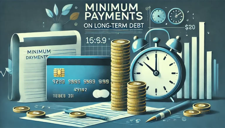 Illustration of a credit card, growing stack of coins, and a clock, symbolizing the accumulation of debt and the extended time needed to pay off balances with minimum payments.