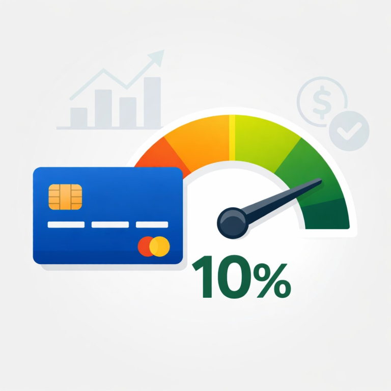 Illustration of a credit card and utilization gauge showing 10 percent, representing low credit utilization and improved credit score