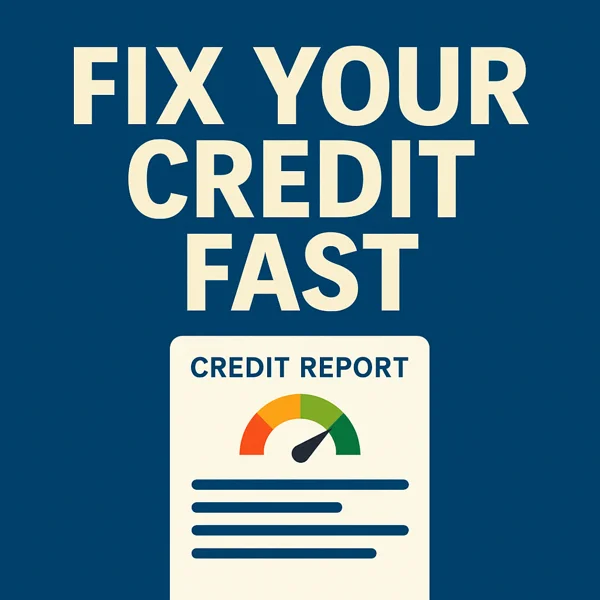 Fix your credit fast featured image showing a credit report with a color-coded gauge and bold headline on a blue background