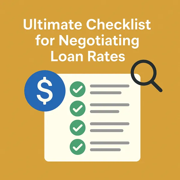 Flat design graphic showing a loan checklist with green checkmarks, dollar sign icon, and magnifying glass, representing smart loan negotiation steps.