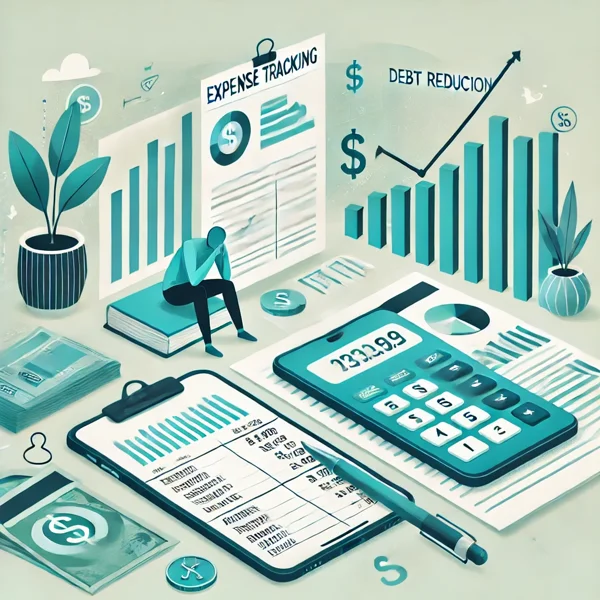 Illustration of expense tracking tools like a smartphone app, notebook, and calculator, symbolizing debt reduction and financial growth.