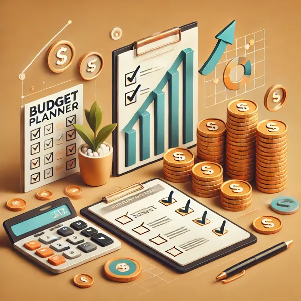 A financial planning concept featuring a budget planner, calculator, stacks of coins, and a checklist symbolizing financial goal setting.