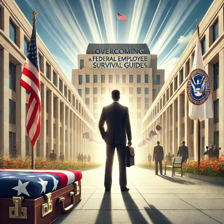 A hopeful federal employee standing outside a government building with sunlight breaking through, symbolizing resilience and new opportunities.