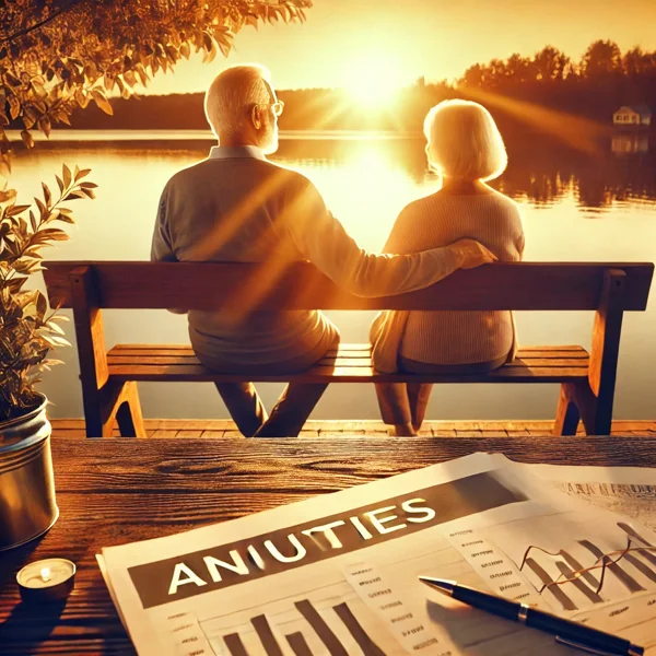 Elderly couple sitting on a wooden bench overlooking a serene lake with a financial document on annuities nearby.