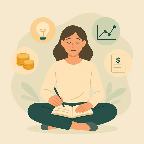 A calm person practicing mindful budgeting, writing in a notebook surrounded by floating icons of coins, charts, and a lightbulb.